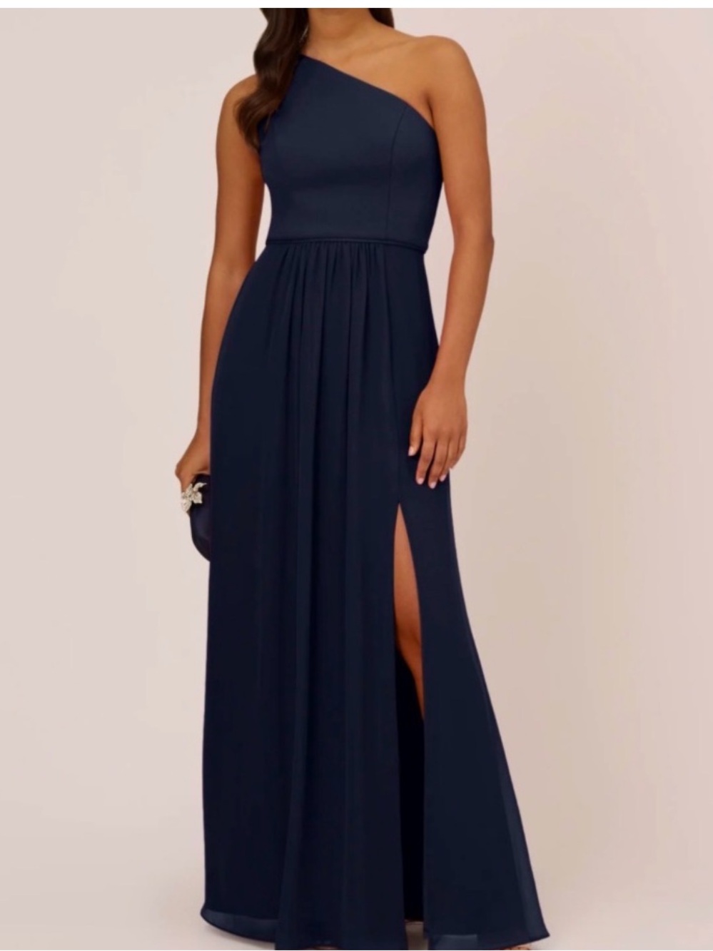 Adrianna Papell One Shoulder Chiffon Long Gown Midnight Blue NWT Size 10